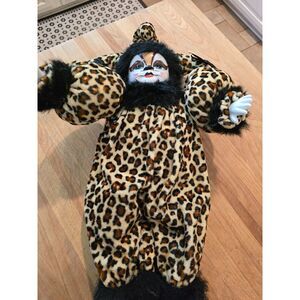 Genz Jester Doll with Cermaic Cat Face and Hands Animal Print Weighted Body 18"